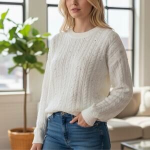 Cynthia Rowley Women’s S Chenille Pearl Embellished Cable Knit Sweater Preppy